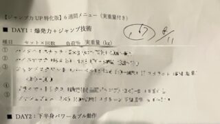 AIに作ってもらったジャンプ力アップトレーニングメニュー。重量が軽いのでなめていたら、実践してみるとまぁきつい。やはり自分の殻に閉じこもって狭い視野でトレーニングをするのではなく、躓いた時こそ思い切っていつもやっていない支店を取り入れることが重要だ。